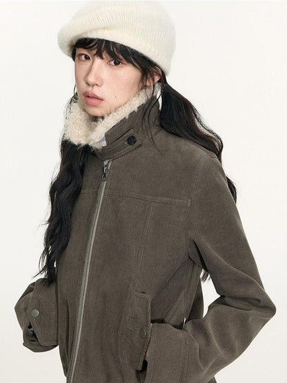NAPSNAPS Detachable Fur Collar Patchwork Zipper Women&