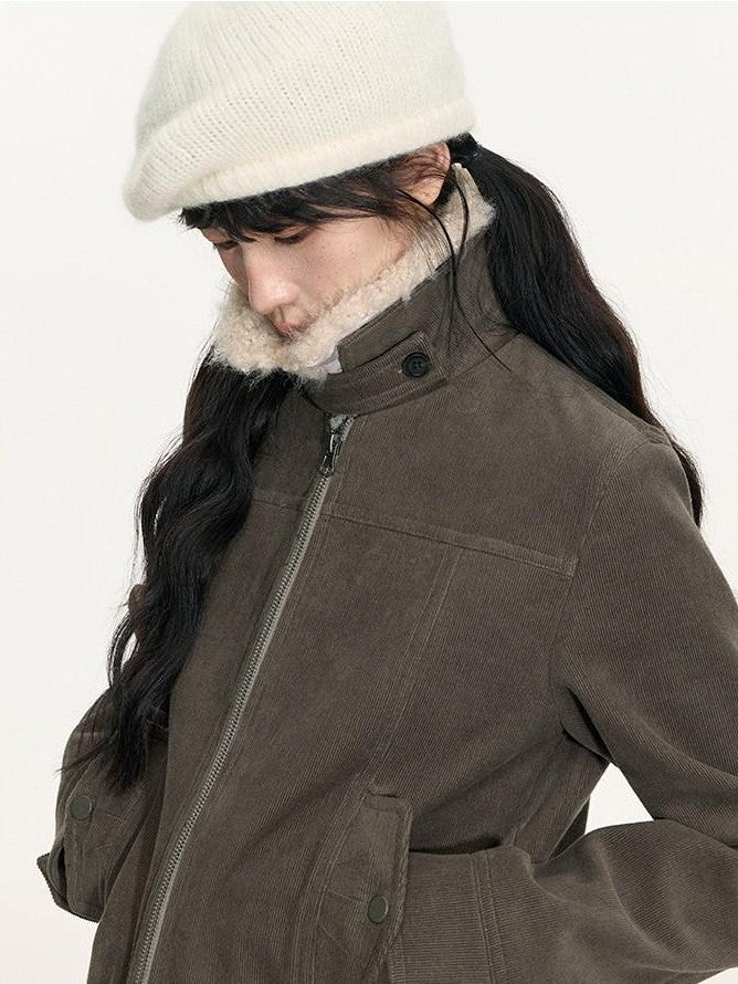 NAPSNAPS Detachable Fur Collar Patchwork Zipper Women&