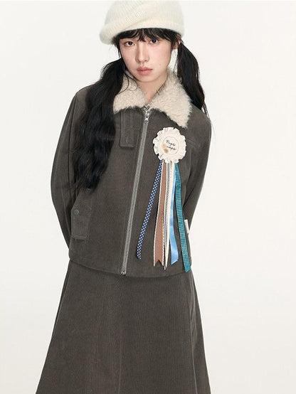 NAPSNAPS Detachable Fur Collar Patchwork Zipper Women&