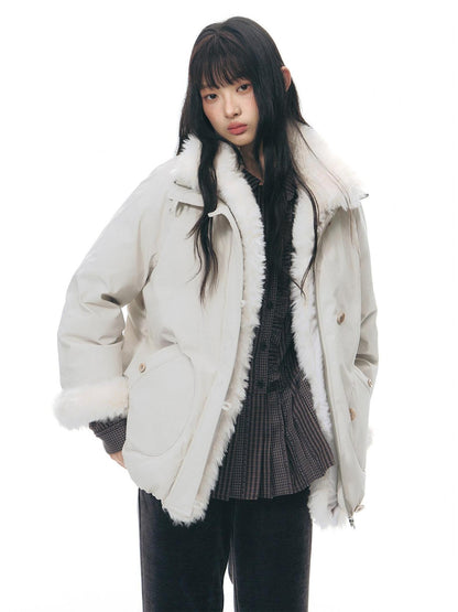 NAPSNAPS Detachable Fur Collar Stand Collar Zipper Petite Women&