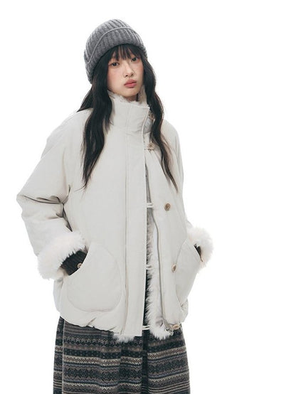 NAPSNAPS Detachable Fur Collar Stand Collar Zipper Petite Women&