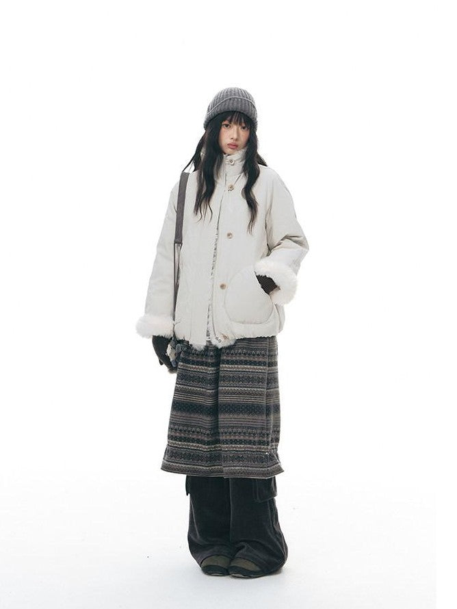 NAPSNAPS Detachable Fur Collar Stand Collar Zipper Petite Women&