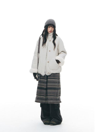 NAPSNAPS Detachable Fur Collar Stand Collar Zipper Petite Women&