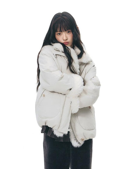 NAPSNAPS Detachable Fur Collar Stand Collar Zipper Petite Women&