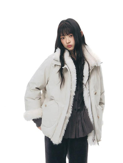 NAPSNAPS Detachable Fur Collar Stand Collar Zipper Petite Women&