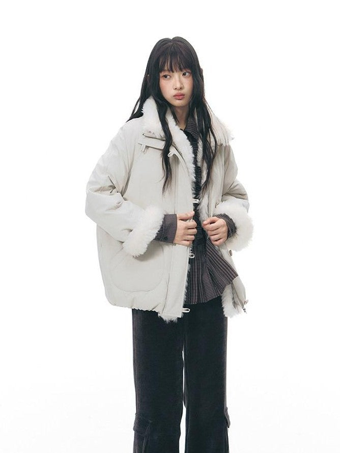 NAPSNAPS Detachable Fur Collar Stand Collar Zipper Petite Women&