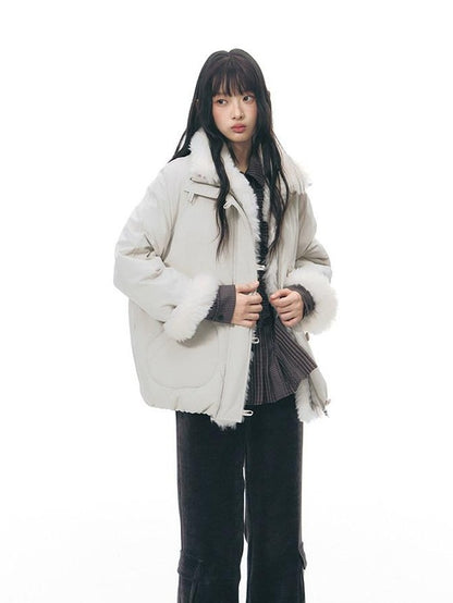 NAPSNAPS Detachable Fur Collar Stand Collar Zipper Petite Women&