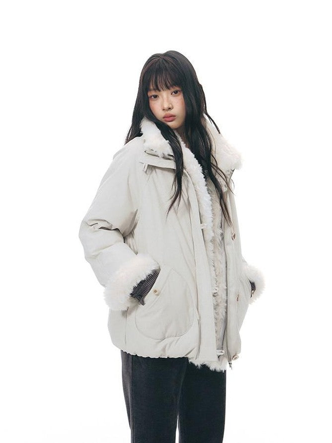 NAPSNAPS Detachable Fur Collar Stand Collar Zipper Petite Women&