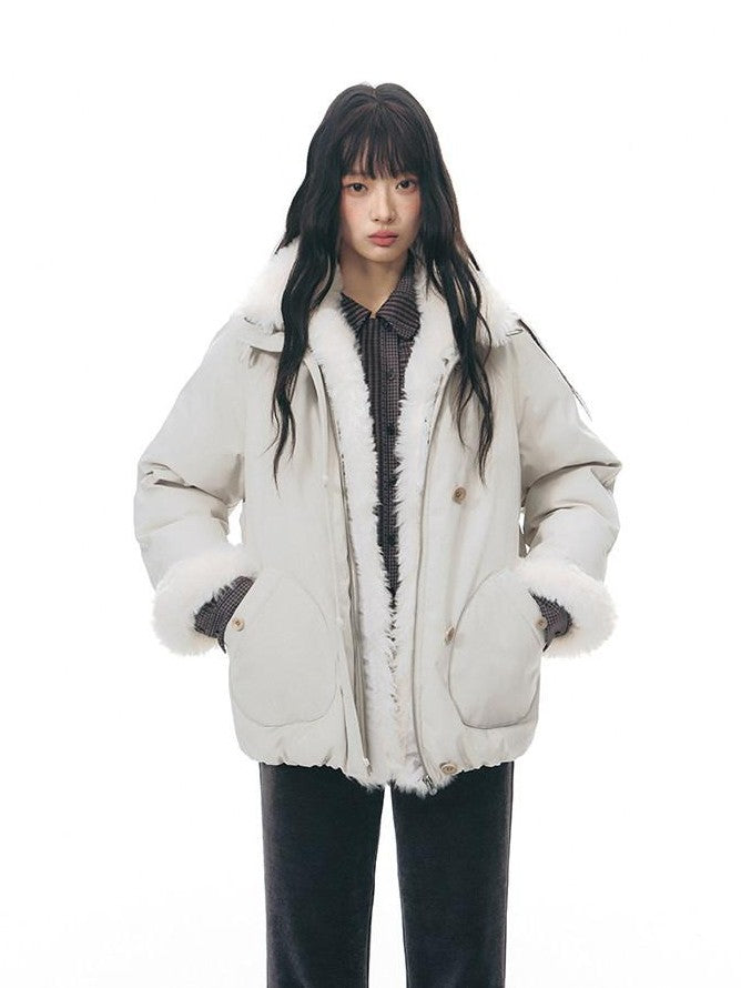 NAPSNAPS Detachable Fur Collar Stand Collar Zipper Petite Women&