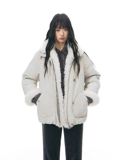NAPSNAPS Detachable Fur Collar Stand Collar Zipper Petite Women&