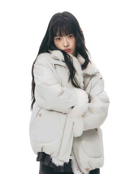 NAPSNAPS Detachable Fur Collar Stand Collar Zipper Petite Women&