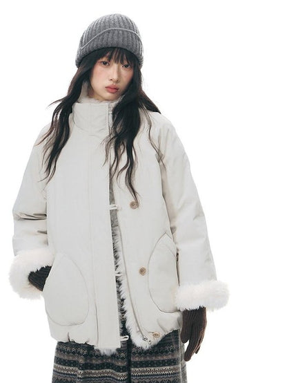 NAPSNAPS Detachable Fur Collar Stand Collar Zipper Petite Women&