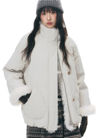 NAPSNAPS Detachable Fur Collar Stand Collar Zipper Petite Women&