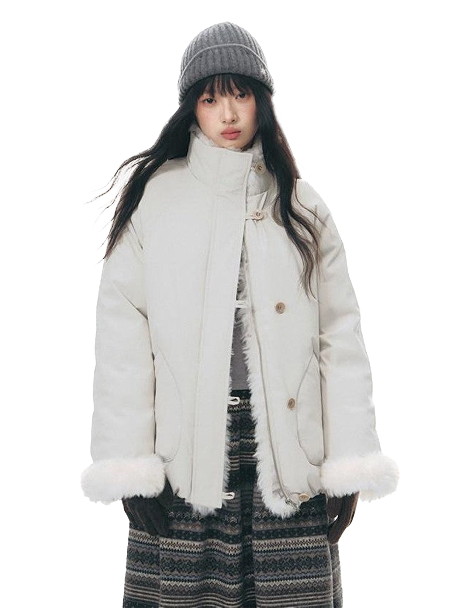 NAPSNAPS Detachable Fur Collar Stand Collar Zipper Petite Women&