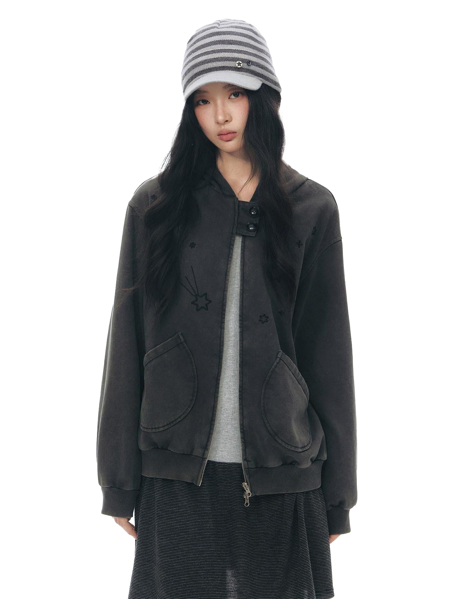 NAPSNAPS Distressed Colorblock Six Point Star Embroidery Zip Women&
