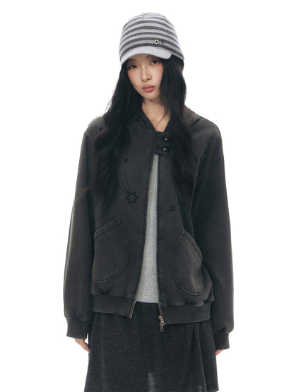 NAPSNAPS Distressed Colorblock Six Point Star Embroidery Zip Women&