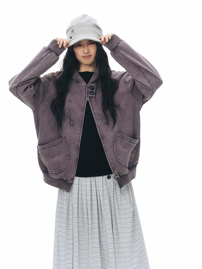 NAPSNAPS Distressed Colorblock Six Point Star Embroidery Zip Women&