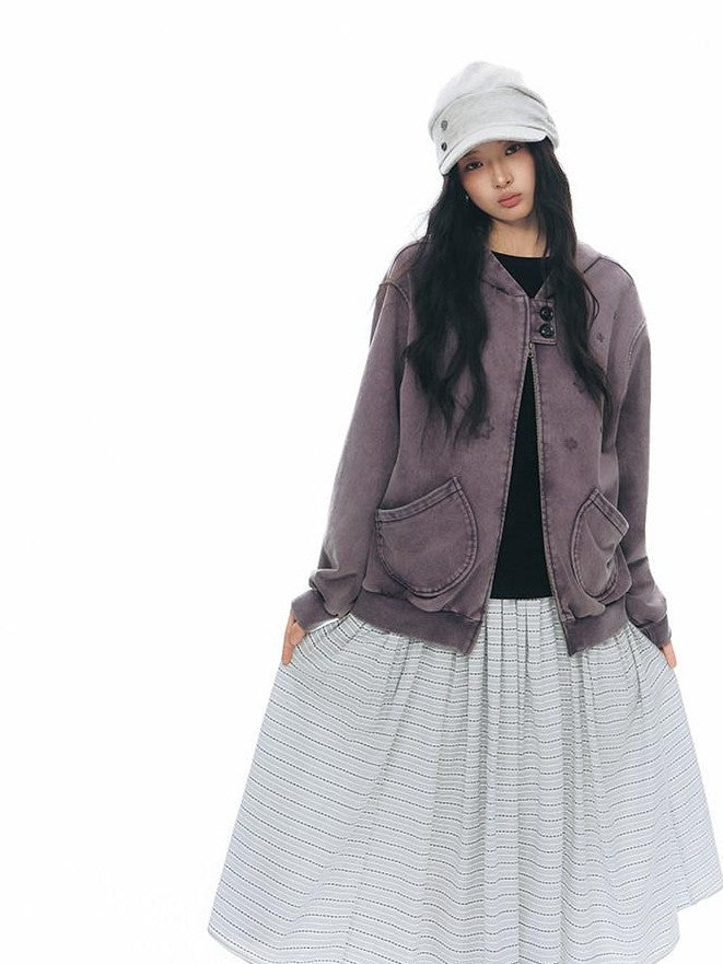 NAPSNAPS Distressed Colorblock Six Point Star Embroidery Zip Women&