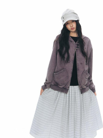 NAPSNAPS Distressed Colorblock Six Point Star Embroidery Zip Women&