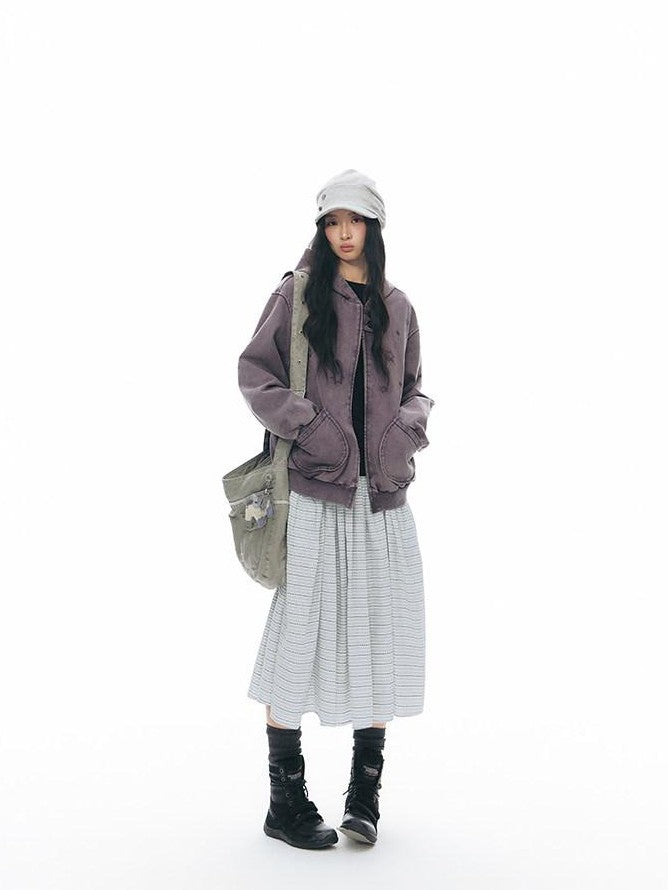 NAPSNAPS Distressed Colorblock Six Point Star Embroidery Zip Women&