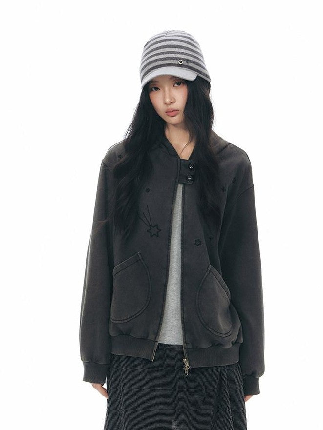 NAPSNAPS Distressed Colorblock Six Point Star Embroidery Zip Women&