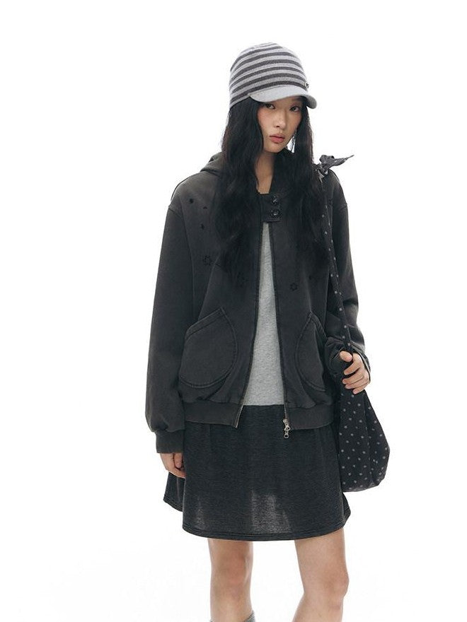 NAPSNAPS Distressed Colorblock Six Point Star Embroidery Zip Women&