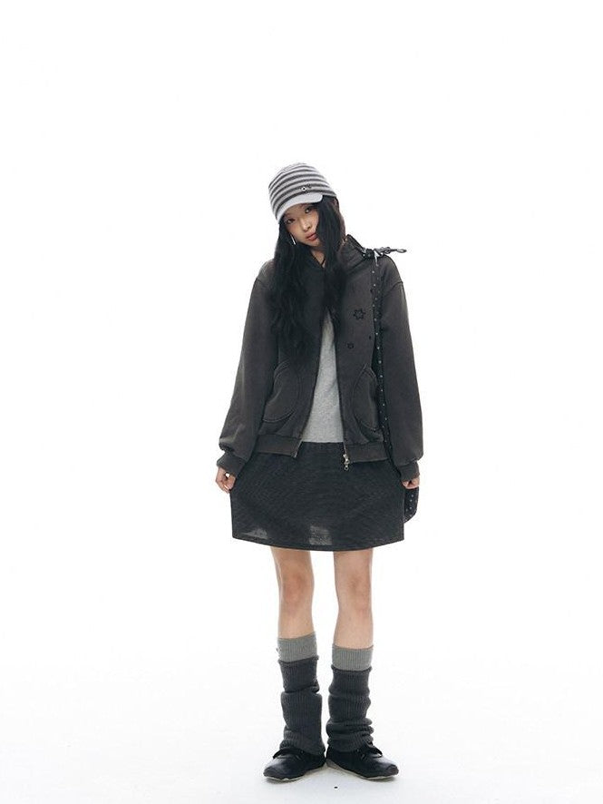 NAPSNAPS Distressed Colorblock Six Point Star Embroidery Zip Women&