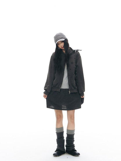NAPSNAPS Distressed Colorblock Six Point Star Embroidery Zip Women&