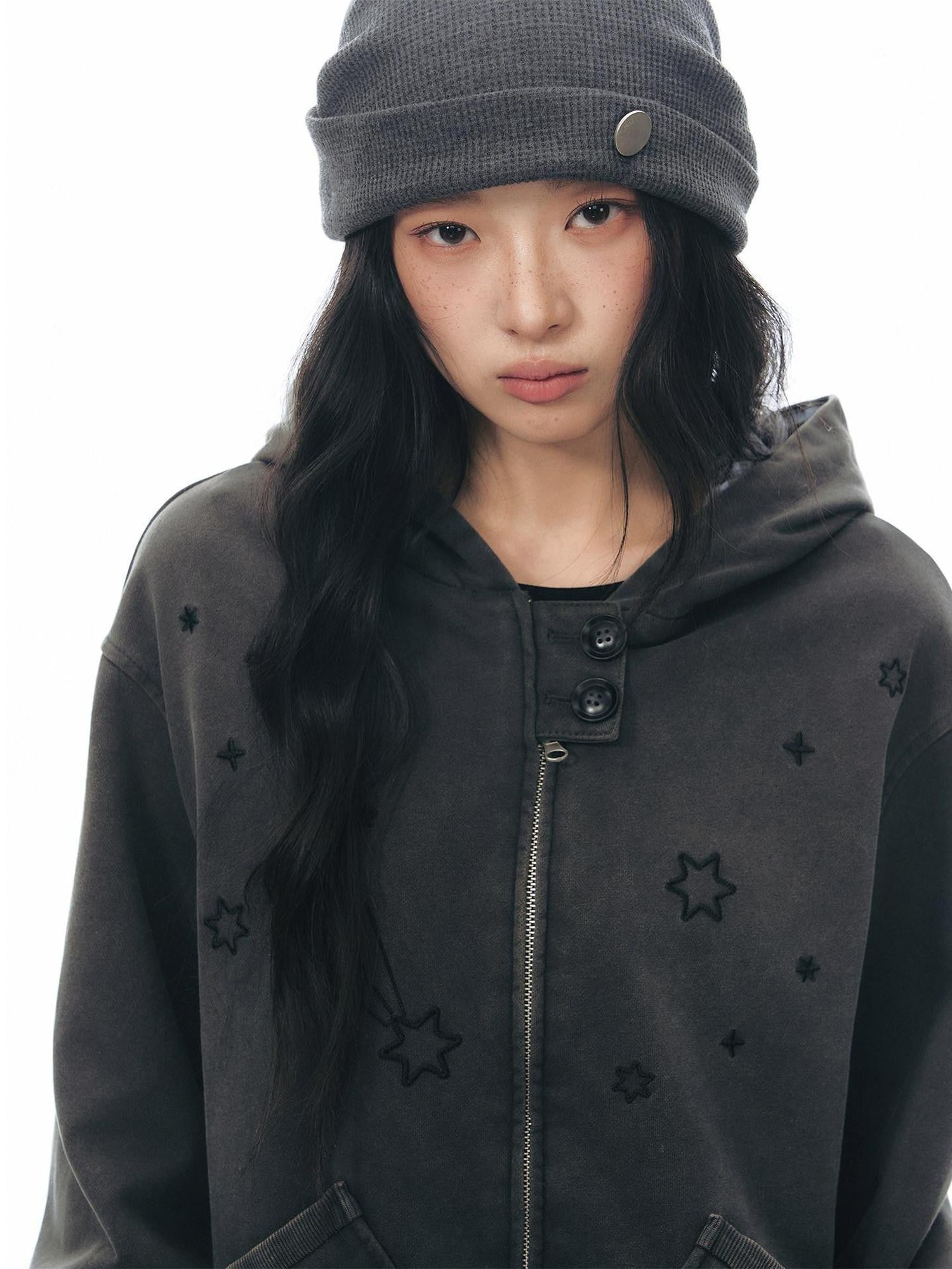 NAPSNAPS Distressed Colorblock Six Point Star Embroidery Zip Women&