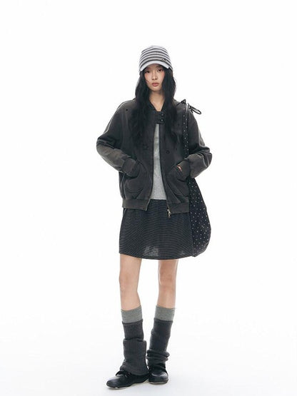 NAPSNAPS Distressed Colorblock Six Point Star Embroidery Zip Women&