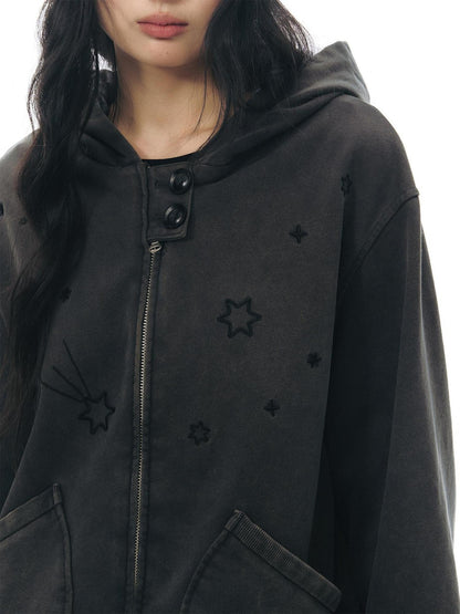 NAPSNAPS Distressed Colorblock Six Point Star Embroidery Zip Women&