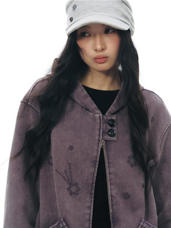 NAPSNAPS Distressed Colorblock Six Point Star Embroidery Zip Women&