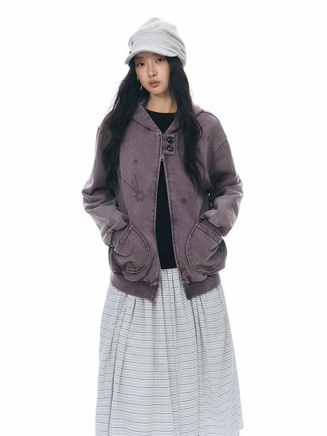 NAPSNAPS Distressed Colorblock Six Point Star Embroidery Zip Women&
