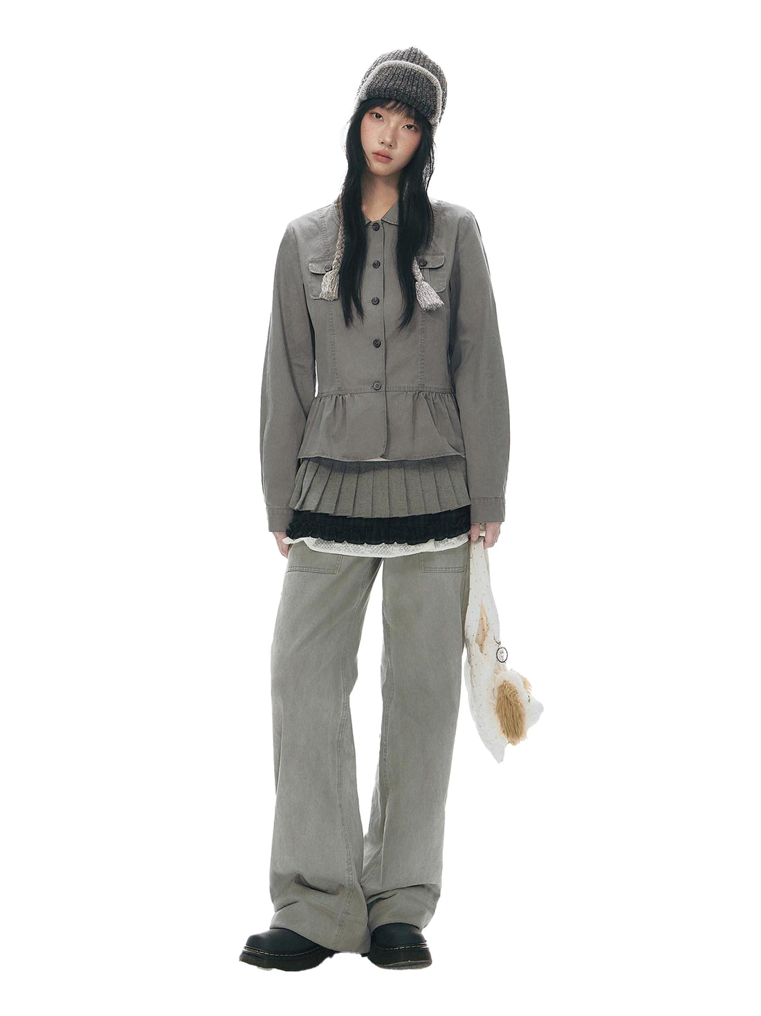 NAPSNAPS Distressed Washed Ruffle Doll Collar Utility Fitted Women&