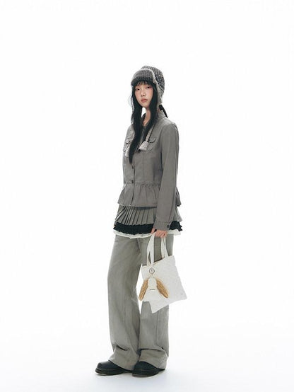 NAPSNAPS Distressed Washed Ruffle Doll Collar Utility Fitted Women&