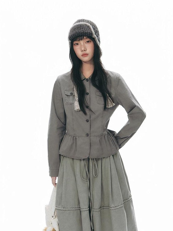 NAPSNAPS Distressed Washed Ruffle Doll Collar Utility Fitted Women&