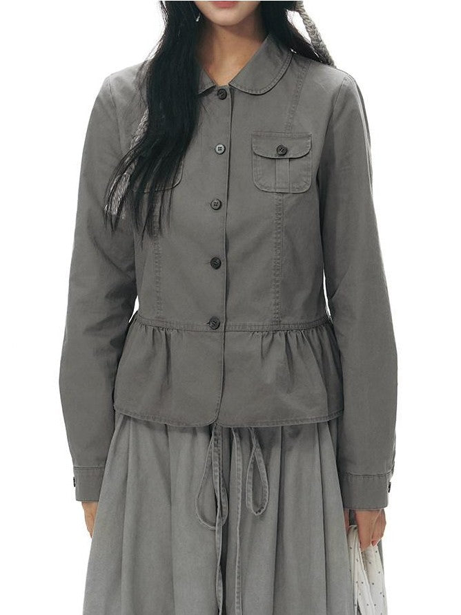NAPSNAPS Distressed Washed Ruffle Doll Collar Utility Fitted Women&