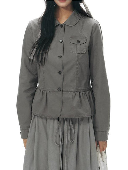 NAPSNAPS Distressed Washed Ruffle Doll Collar Utility Fitted Women&