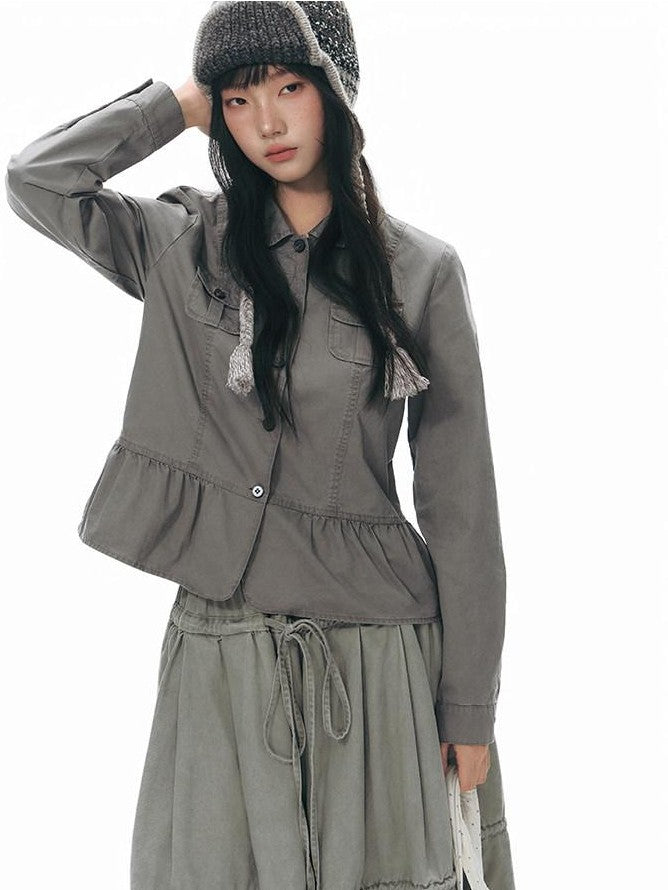 NAPSNAPS Distressed Washed Ruffle Doll Collar Utility Fitted Women&