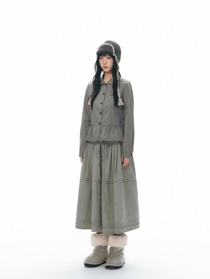NAPSNAPS Distressed Washed Ruffle Doll Collar Utility Fitted Women&