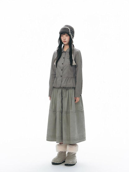 NAPSNAPS Distressed Washed Ruffle Doll Collar Utility Fitted Women&