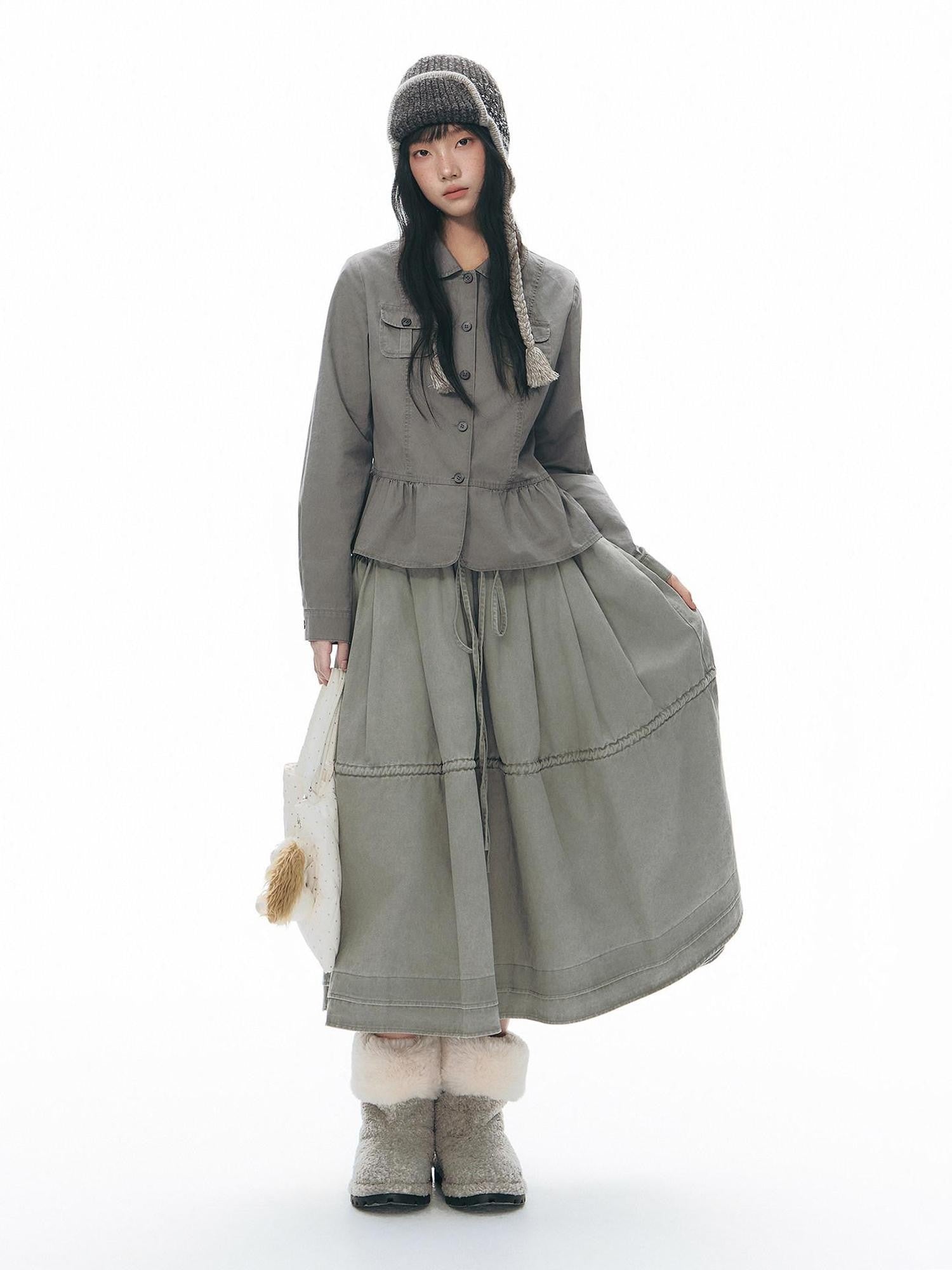 NAPSNAPS Distressed Washed Ruffle Doll Collar Utility Fitted Women&