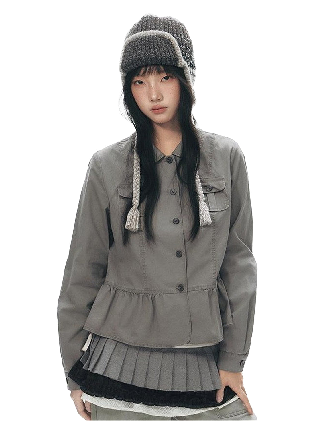 NAPSNAPS Distressed Washed Ruffle Doll Collar Utility Fitted Women&