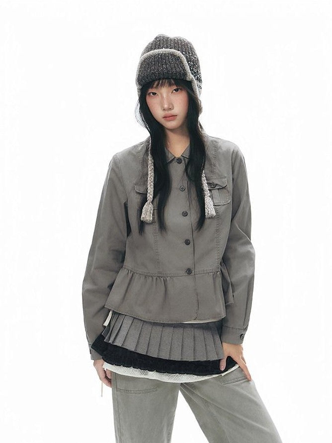 NAPSNAPS Distressed Washed Ruffle Doll Collar Utility Fitted Women&