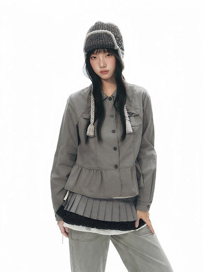NAPSNAPS Distressed Washed Ruffle Doll Collar Utility Fitted Women&