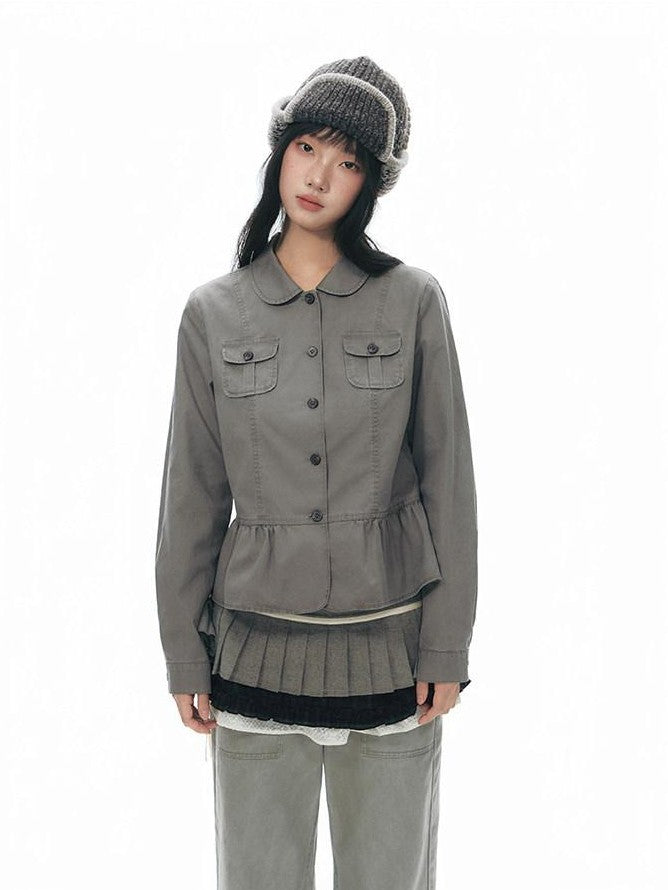NAPSNAPS Distressed Washed Ruffle Doll Collar Utility Fitted Women&