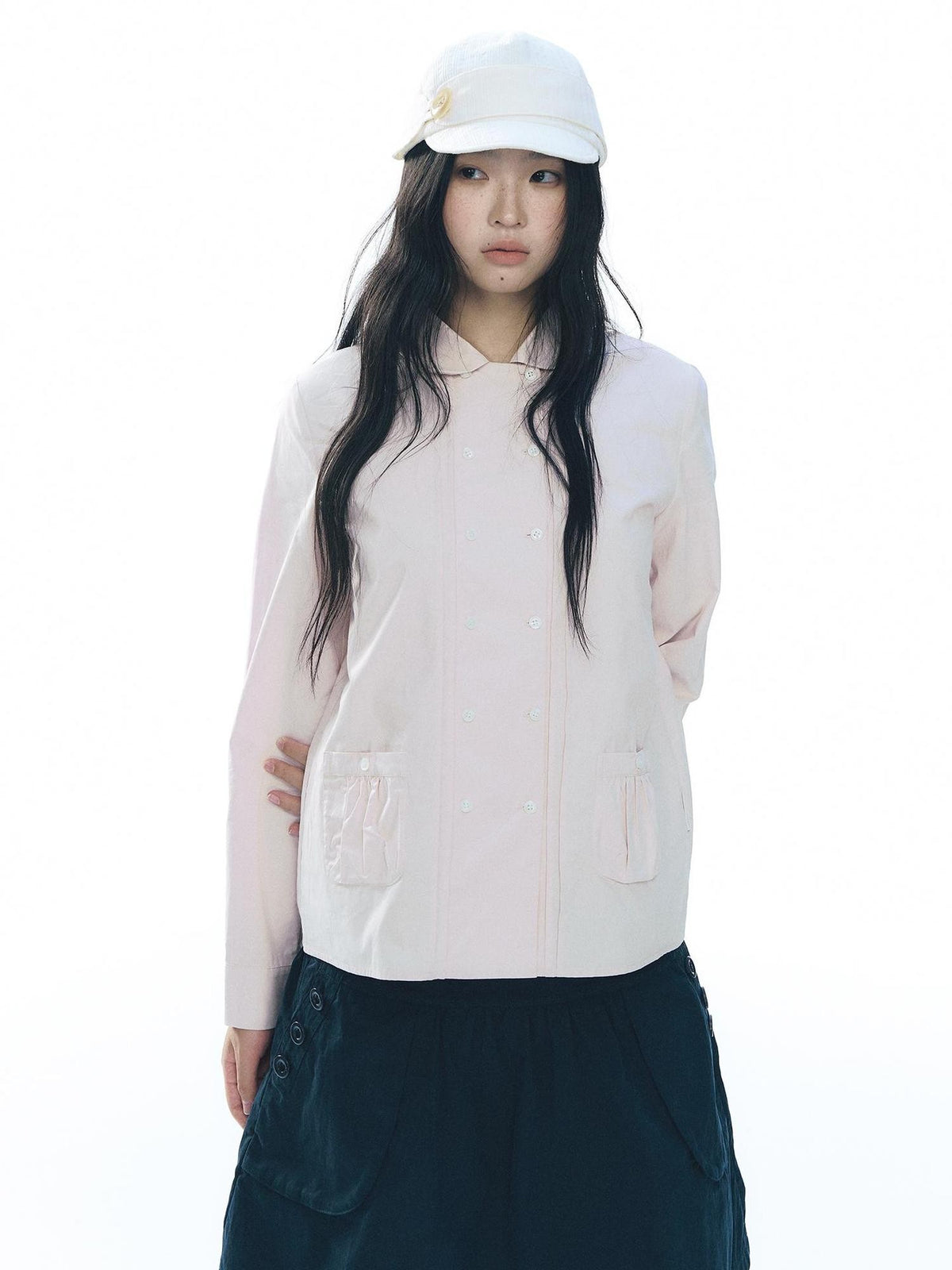 NAPSNAPS Double Breasted Peter Pan Collar Straight Cotton Women&