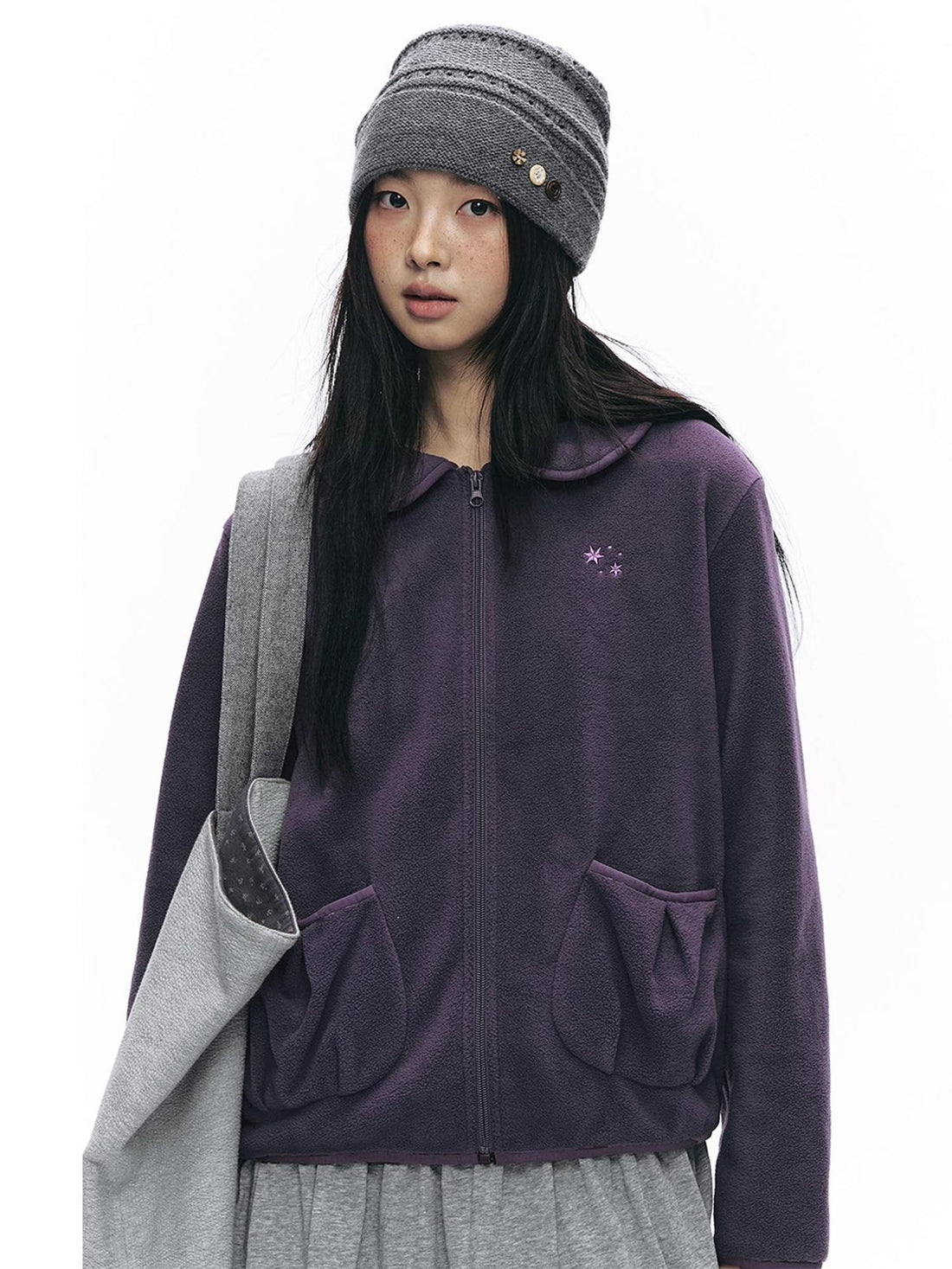 NAPSNAPS Embroidered Doll Collar Fleece Loose Fit Women&