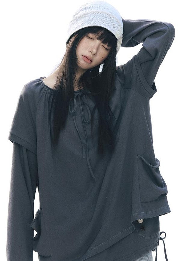NAPSNAPS Embroidered Drawstring Raglan Sleeve Pocket Women&