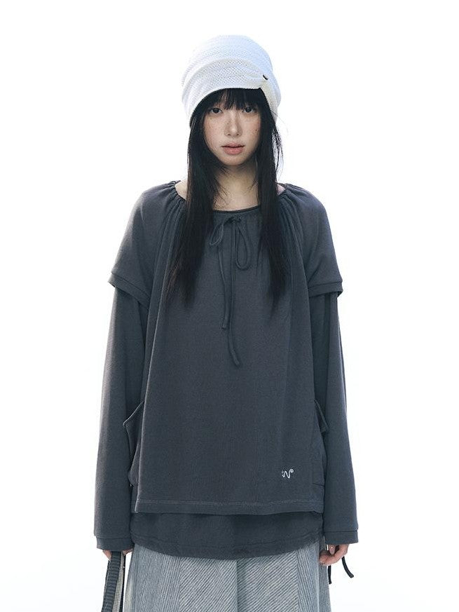 NAPSNAPS Embroidered Drawstring Raglan Sleeve Pocket Women&